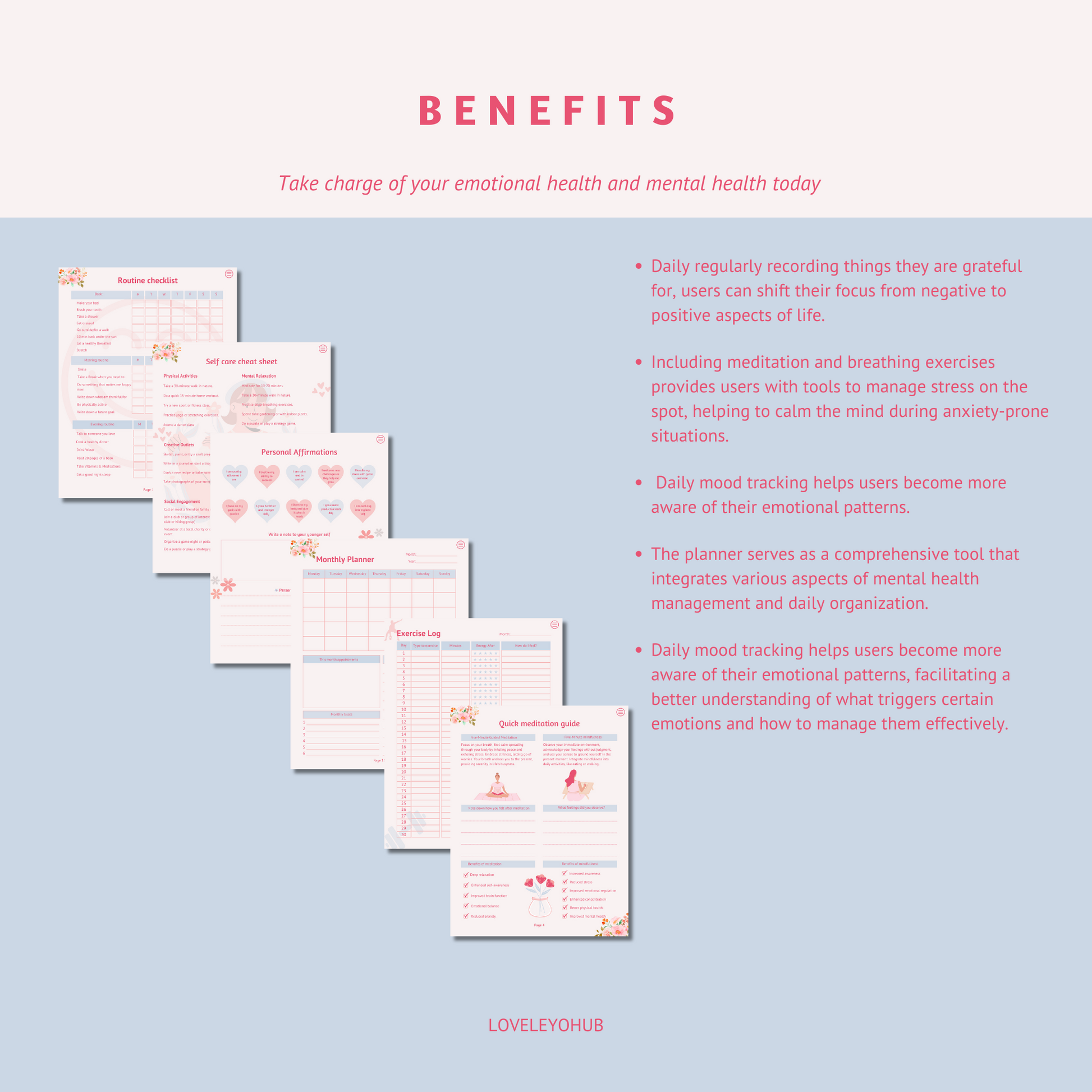 Anxiety and self care planner benefits banner